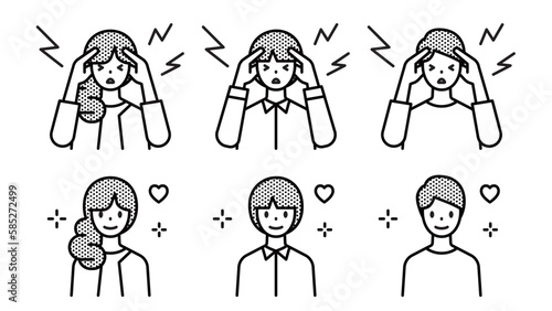 頭を抱えてイライラしている人と解決してハッピーな人のセット
