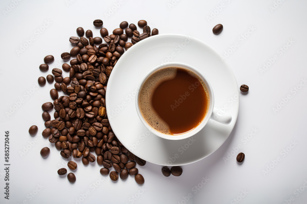 Top view a cup of coffee with coffee beans around a saucer isolated on white background. Created with Generative AI Technology Top view a cup of coffee with coffee beans around a saucer isolated on white background. Created with Generative AI Technology