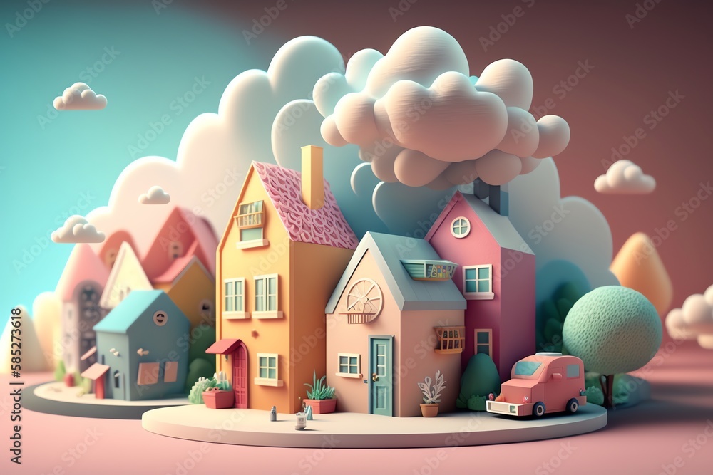 3D cute mini city, mini world, miniature city, kid style, colorful, houses, hotels, streets, clouds, hill, happy color 3D cute mini city, mini world, miniature city, kid style, colorful, houses, hotels, streets, clouds, hill, happy color