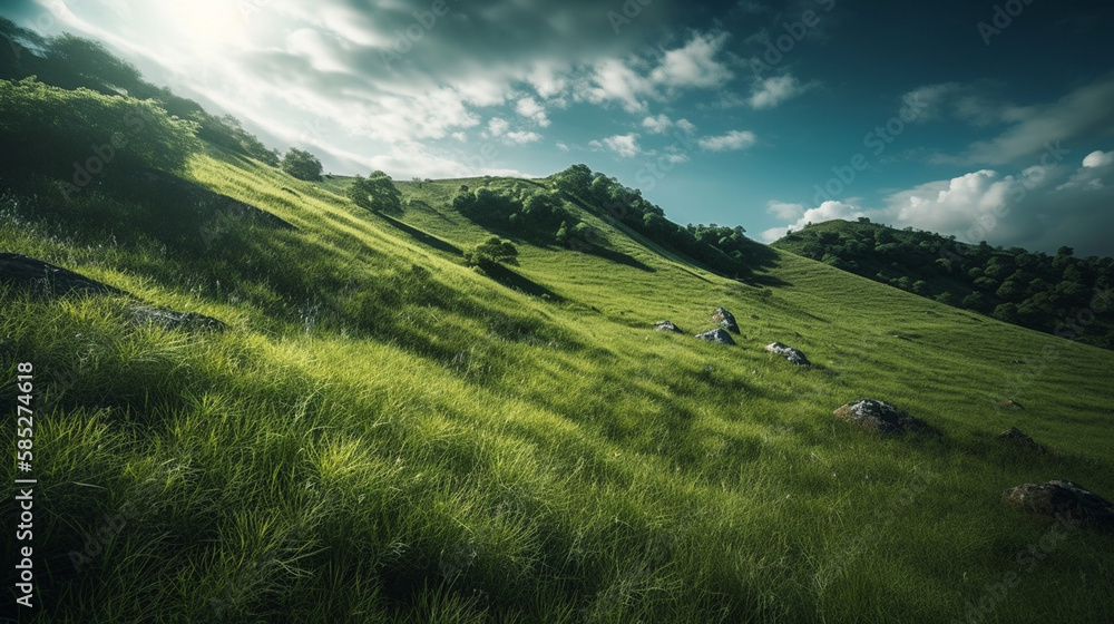 Beautiful landscape of grassland in the mountains with blue sky.generative ai