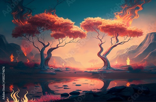 Complete surreal world with many 3D flaming trees