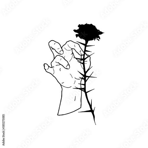 vector illustration of hand with thorny rose flower