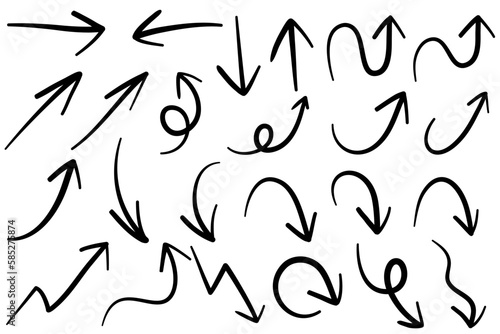 Set of 24 Black Arrows Isolated Hand Drawn Doodle Sketch on White Background Direction Turn Left Right Around Go Straight Way Up Down High Low Forward Illustration Vector Symbol Sign Pointing  Growth