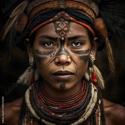 the face of amazon woman with expresive features during a tribal ceremony woman wearing costume with traditional indian ornament