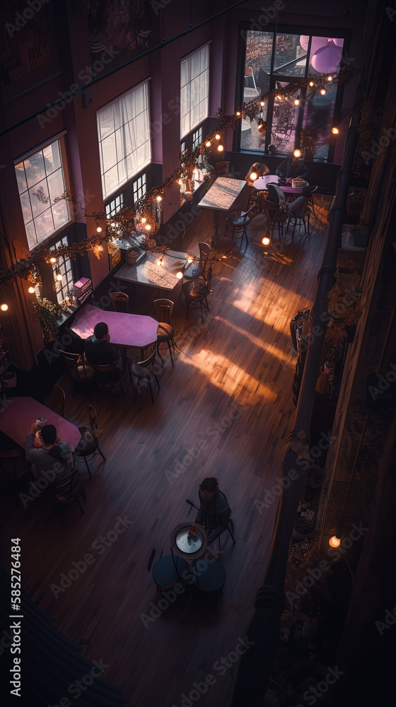 Aerial View of a Serene Coffee Shop: Relaxing Waves of Pink and Purple with Blurred Foreground created using generative ai