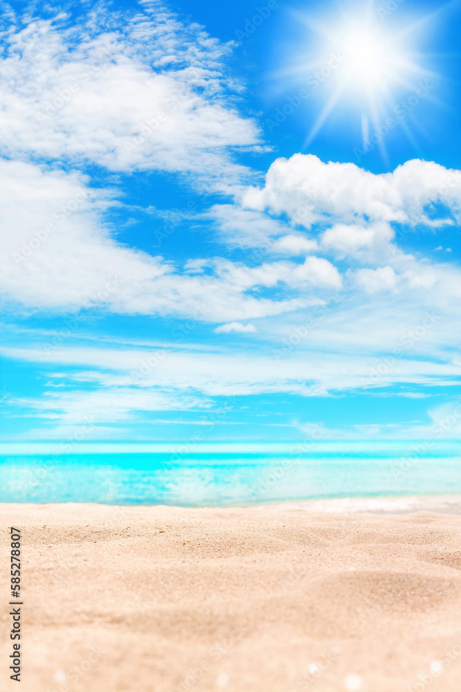 Tropical island paradise beach nature, yellow sand, blue sea water turquoise ocean, sun sky white cloud, beautiful landscape, summer holidays concept vacation template, travel banner, empty copy space