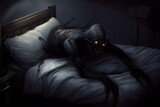 black sleep paralysis demon crawling out of bed, made with generative ai