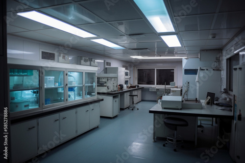 White laboratory with microscopes and equipment for the study of viruses and microorganisms. Generative AI