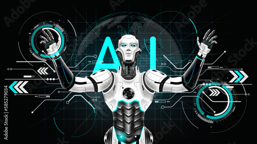 AI Artificial intelligence in humanoid with 3d world hologram interface. Future cybernetic artificial intelligence technology concept, vector illustration.