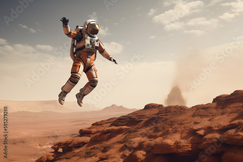 astronaut leaping on red planet surface landscape, made with generative ai