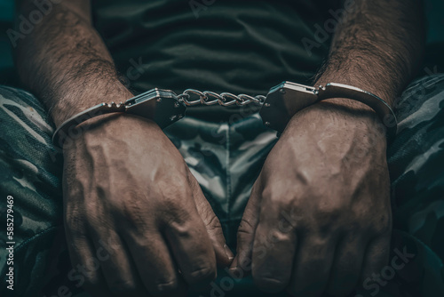 Photos military man in handcuffs on a dark background, selective focus