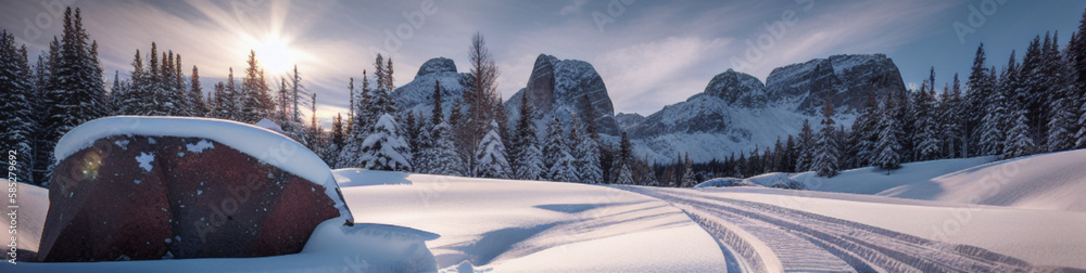 Obraz premium Illustration of a winter wonderland - a snowy road winding through a dense forest created with Generative AI technology