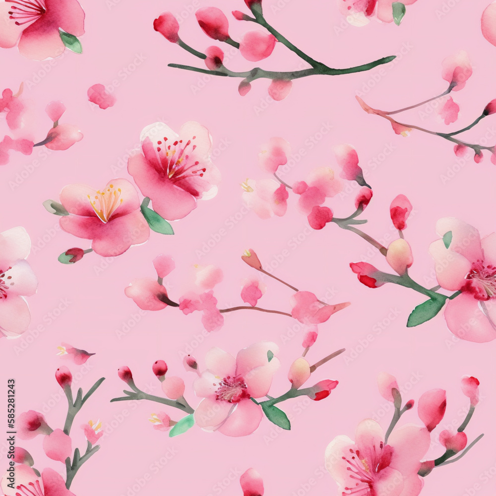 Seamless pink watercolor pattern with cherry blossom on stems. Generative AI
