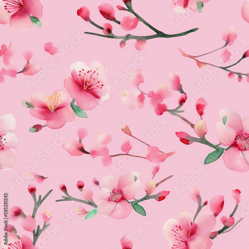 Seamless pink watercolor pattern with cherry blossom on stems. Generative AI