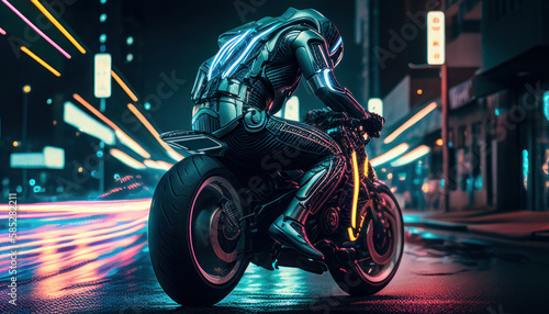 Biker in silver outfit with super bike and neon lights in city night background. Generative AI