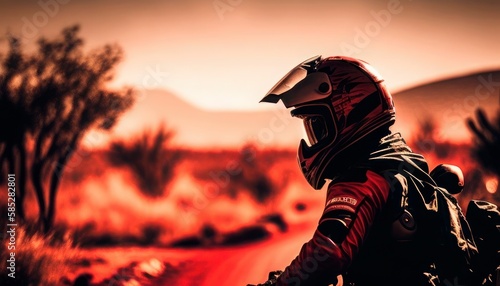 Biker on a road in the desert during the day with mountains in the background. Generative AI 