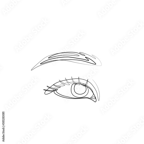 Eye with eyebrow, continuous line drawing, small tattoo, print for clothes and logo design, emblem or logo design, logo for the studio eyelash, isolated vector illustration.