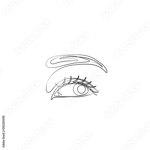 Eye with eyebrow, continuous line drawing, small tattoo, print for clothes and logo design, emblem or logo design, logo for the studio eyelash, isolated vector illustration.
