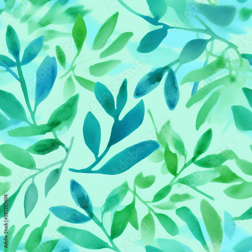 Seamless green leaves spring watercolor pattern. Generative AI