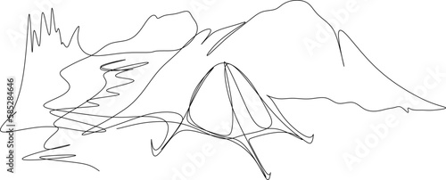 One line art. continues line art. hand drawn sketch of a tend and mountain