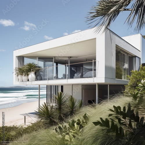 Luxury white beach house with the sea view and beautiful garden Generative AI © Rodolfo