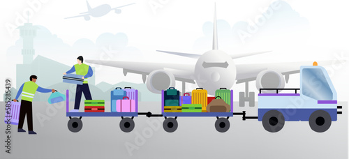Worker Stacking Bags at the airport vector illustration, Luggage trucks at airports deliver suitcases to airplanes illustration, airport worker luggage carrier section