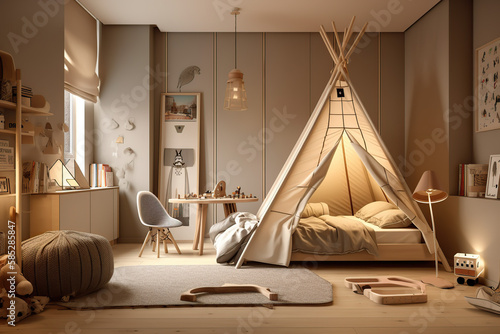 bedroom for baby, kid, child, boy, or girl has a tent, bright, luxury furniture, large window, 3d rendering generative AI tool.