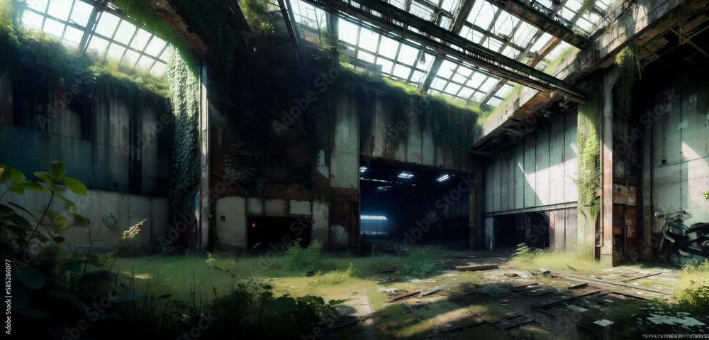 A warehouse forgotten by time, lush with vegetation, adorned with stunning graffiti on every wall Generative AI Art Illustration A warehouse forgotten by time, lush with vegetation, adorned with stunning graffiti on every wall Generative AI Art Illustration