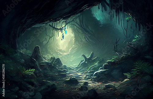 Magical cave with natural plants, ray of light in the middle of the darkness, dark yet beautiful scenery of nature in the depth of earth, where the magic of the forest underworld is coming to life AI 