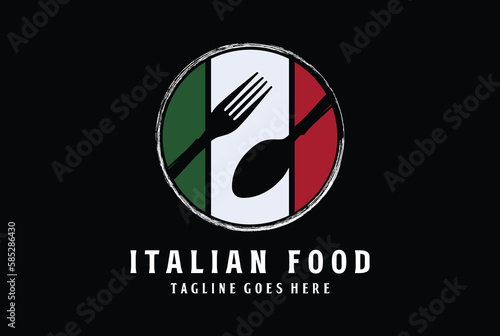 Circular Italian Flag with Spoon Fork for Cafe Restaurant Food Culinary Catering Label Logo Design
