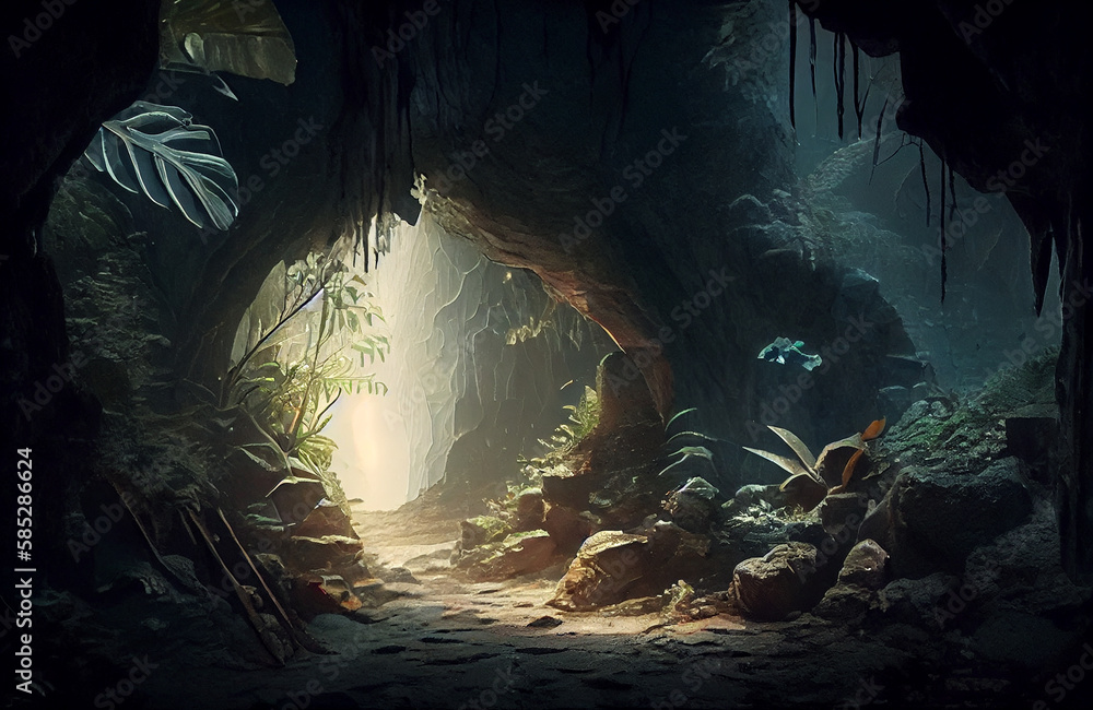 Magical cave with natural plants, ray of light in the middle of the
