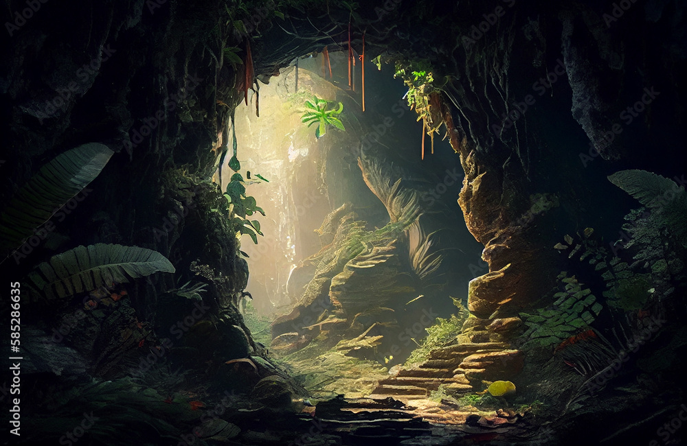 Magical cave with natural plants, ray of light in the middle of the darkness, dark yet beautiful scenery of nature in the depth of earth, where the magic of the forest underworld is coming to life AI 