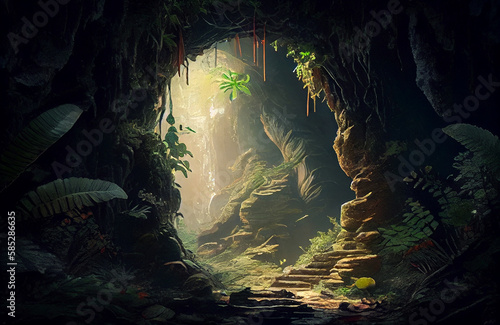 Magical cave with natural plants  ray of light in the middle of the darkness  dark yet beautiful scenery of nature in the depth of earth  where the magic of the forest underworld is coming to life AI 