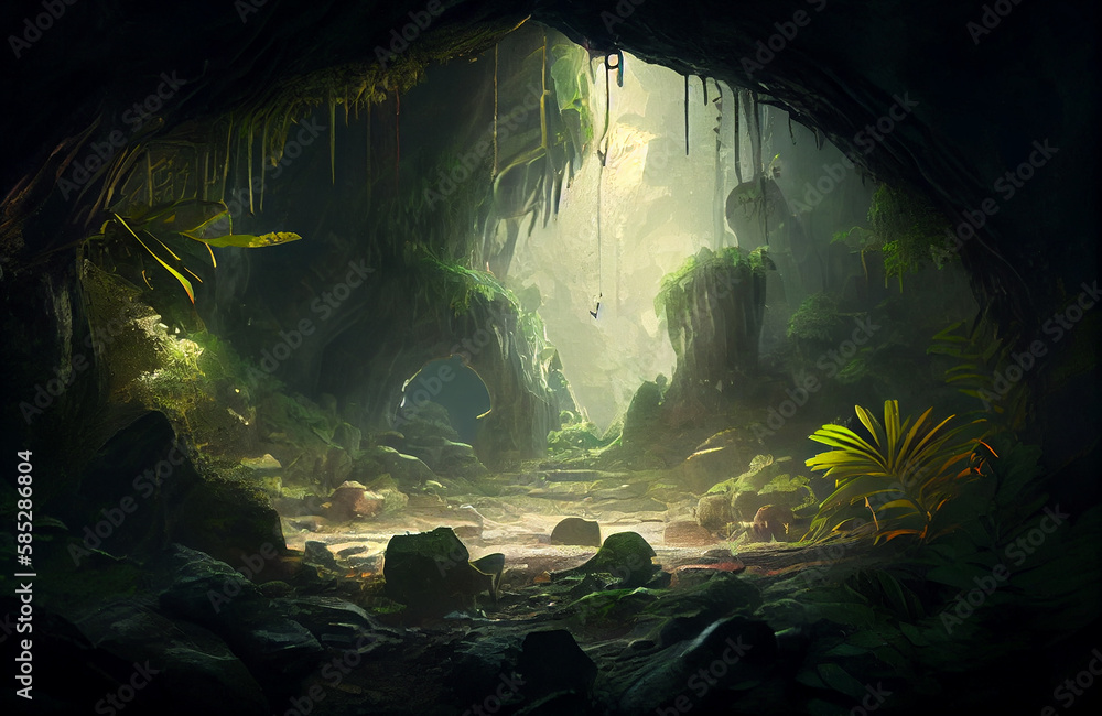 Magical cave with natural plants, ray of light in the middle of the darkness, dark yet beautiful scenery of nature in the depth of earth, where the magic of the forest underworld is coming to life AI Magical cave with natural plants, ray of light in the middle of the darkness, dark yet beautiful scenery of nature in the depth of earth, where the magic of the forest underworld is coming to life AI