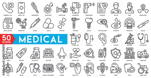 hospital medical line icons set emergency call, medical app, thermometer, blood drop, hospital bed, Telemedicine, thermometer, insurance, doctor and nurse