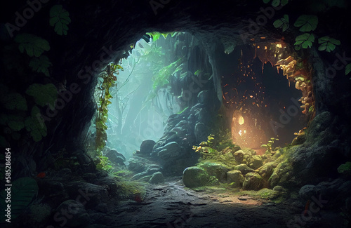 Magical cave with natural plants, ray of light in the middle of the darkness, dark yet beautiful scenery of nature in the depth of earth, where the magic of the forest underworld is coming to life AI 