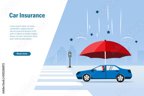 Car insurance. Car on street under protection from umbrealla. Car accident, travel and car insurance concept. Vector illustration.