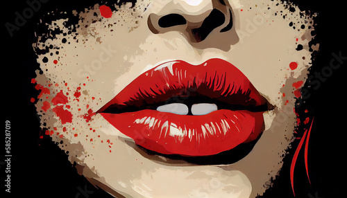 Beautiful Women Dark Red Lips With Brush Strokes Watercolor Art Background Generative AI