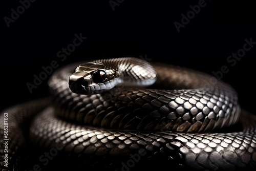 Black snake python isolated black background