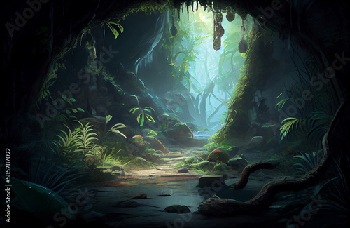 Magical cave with natural plants, ray of light in the middle of the darkness, dark yet beautiful scenery of nature in the depth of earth, where the magic of the forest underworld is coming to life AI  © Musashi_Collection