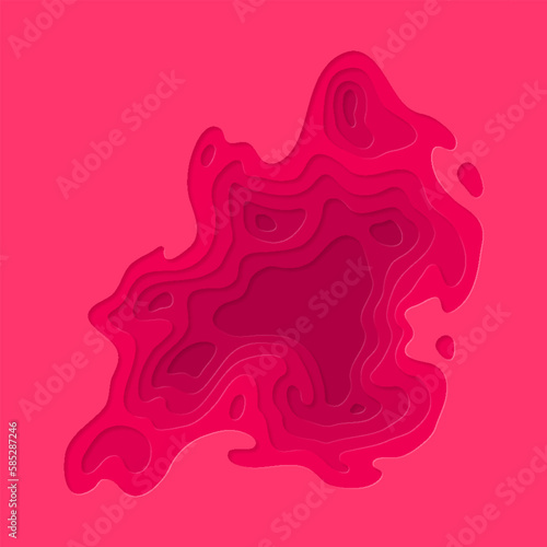 Abstract smooth origami shape red paper cut wavy shaped layers. Papercut color texture topographic background, curved layers and elevation contour lines vector illustration