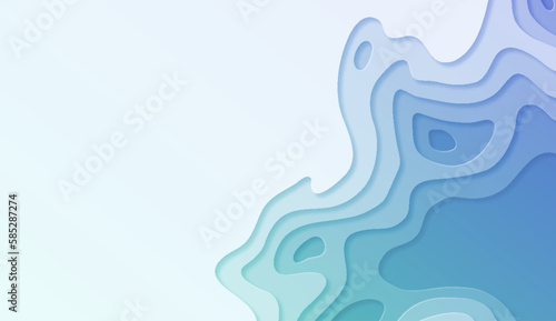 Multi layers soft texture 3D paper cut topography relief banner. Papercut blue color texture with gradient topographic background, curved layers and elevation contour vector illustration
