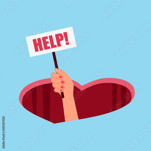 Female hand holding help sign from red heart hole in flat design. Love hurt.