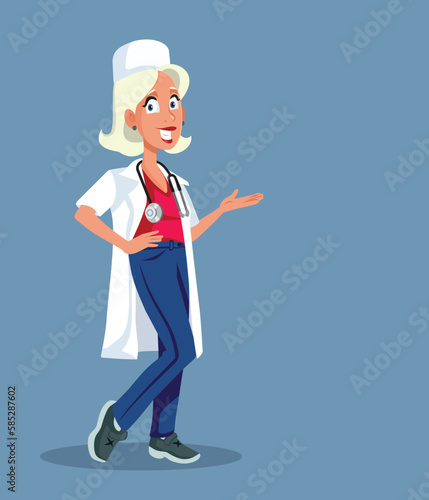 Smiling Doctor Explaining Diagnosis Vector Cartoon Illustration. Happy general practitioner explaining diagnosis wearing her white coat 

