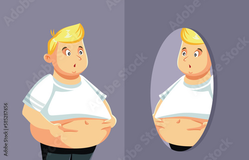 
Overweight Man Checking His Abdominal Fat in the Mirror Vector Illustration. Obese person feeling self-conscious about his body 
