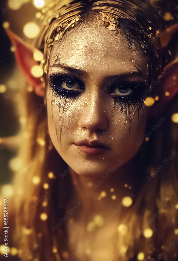 Portrait of charming mythical creature with golden hair. Young beautiful darrk elf queen.