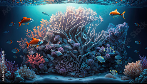 Fototapeta Naklejka Na Ścianę i Meble -  Digital illustration of colorful fish and coral reef in tropical water, background, wallpaper