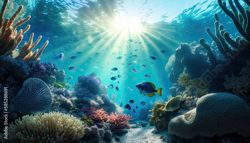 Digital illustration of colorful fish and coral reef in tropical water, background, wallpaper