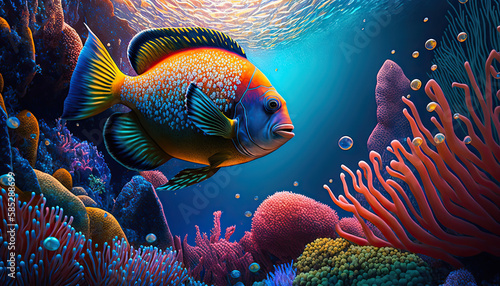 Fototapeta Naklejka Na Ścianę i Meble -  Digital illustration of colorful fish and coral reef in tropical water, background, wallpaper