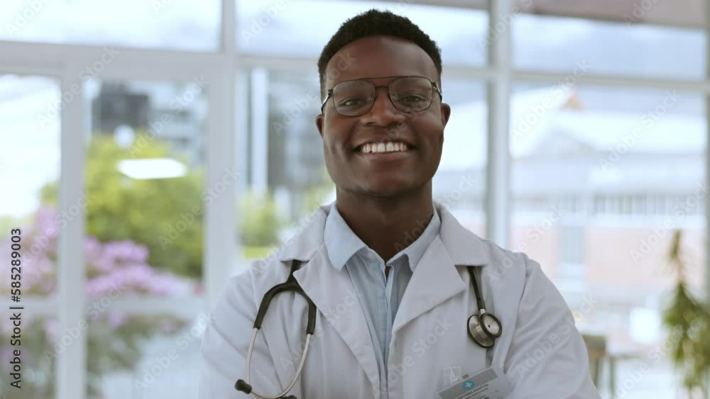 Doctor face, black man and proud in a medical, healthcare and wellness hospital. Professional portrait, happiness and smile of health worker employee from Nigeria confident about clinic management Doctor face, black man and proud in a medical, healthcare and wellness hospital. Professional portrait, happiness and smile of health worker employee from Nigeria confident about clinic management